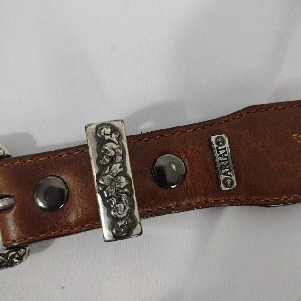 Ariat Belt Mens Medium Brown Leather Western Tooled Scroll Buckle Studded